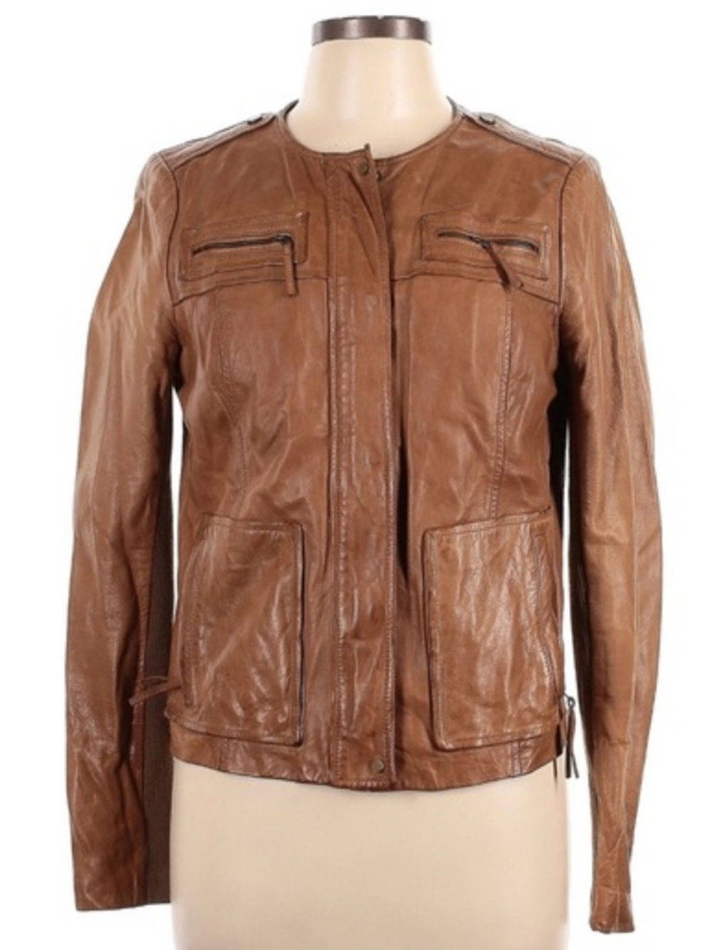 Vince Tan Brown Leather Bomber Jacket, XS